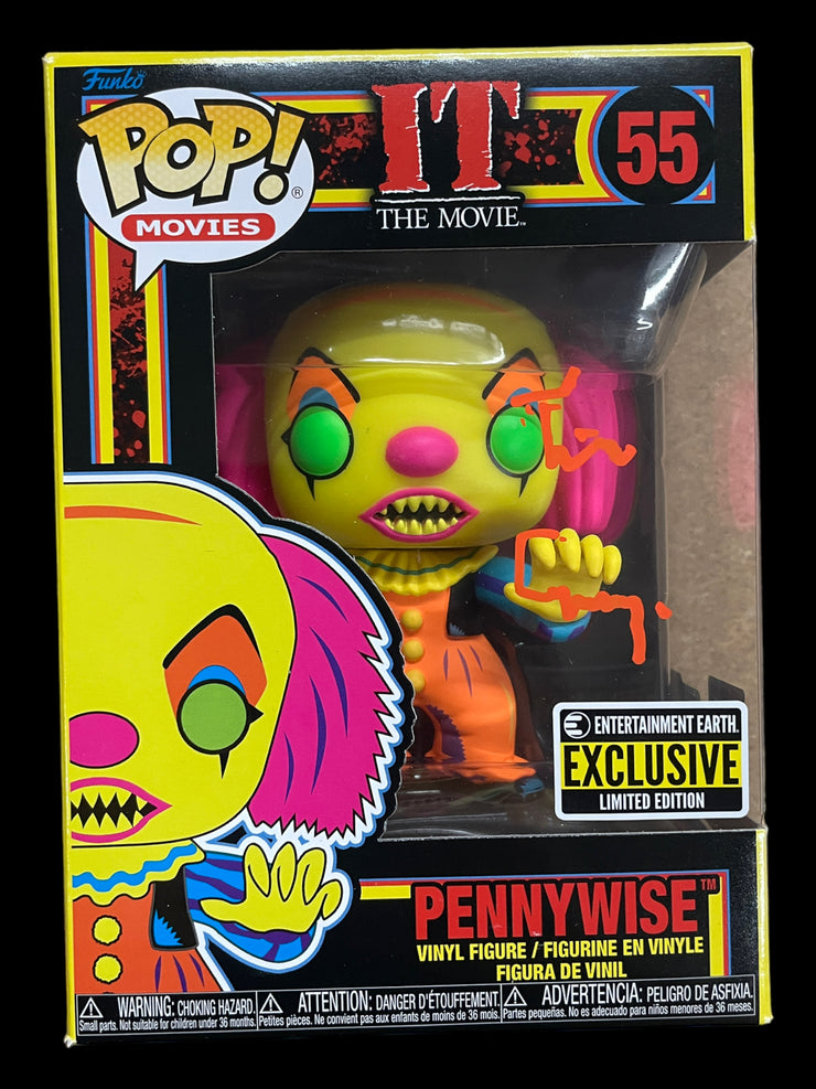 Tim Curry signed Entertainment Earth Exclusive Black Light IT THE MOVIE Pennywise Funko POP! (Orange)
