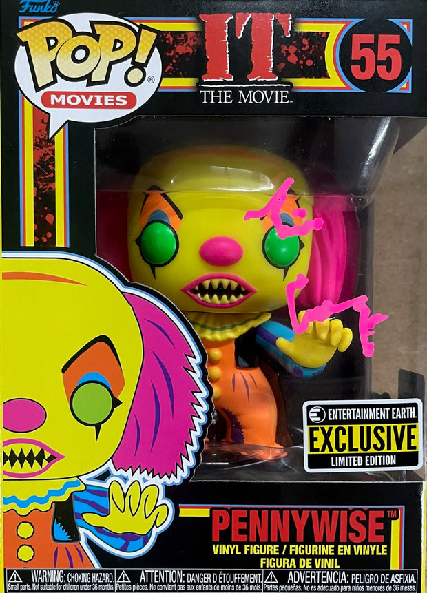 Tim Curry signed Entertainment Earth Exclusive Black Light IT THE MOVIE Pennywise Funko POP! (Fluorescent Pink)