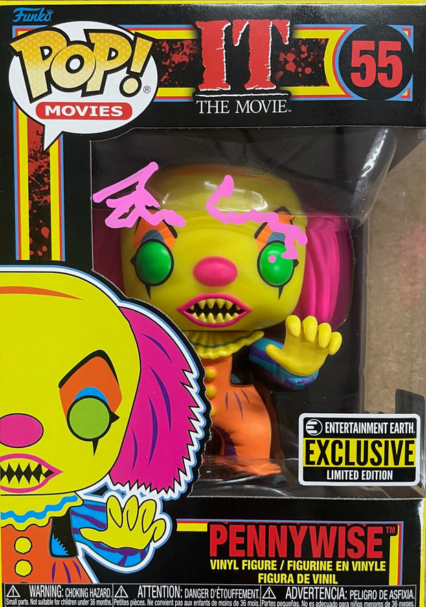 Tim Curry signed Entertainment Earth Exclusive Black Light IT THE MOVIE Pennywise Funko POP! (Pink)